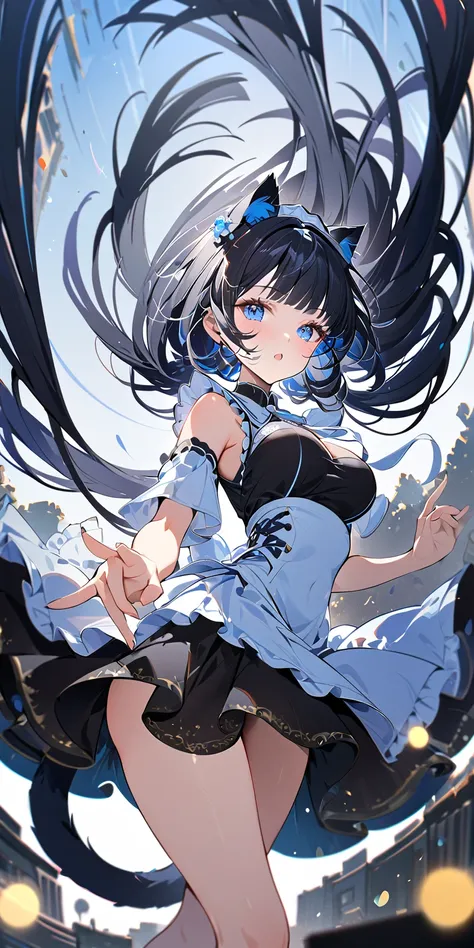 1girl, absurdly long black hair blunt bangs, blue eyes, cat ears, cat tail, chestnut mouth, large breast, open shoulder maid uniform, high waist short skirt, wind browing, floating hair, beautiful fingers, white background, contrapposto, cool expression, f...