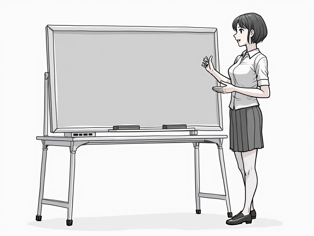 A female teacher is standing in front of the blackboard and talking . Standing at the right end of the board and presenting. The female teacher is an adult woman and has big breasts .  There is nothing in the picture other than the teacher and the blackboa...