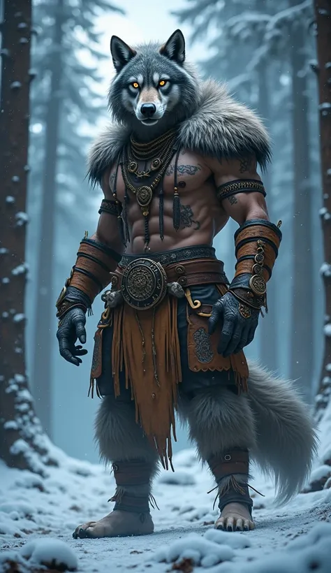 An impressive hybrid being ,  combining human characteristics and of a wolf . The head is of a ferocious wolf ,  with gray fur and glowing eyes that convey determination and savagery . The body is muscular and humanoid, decorated with tribal tattoos and we...