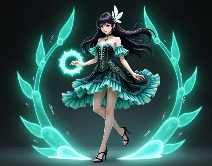 "A petite and elegant girl character, I have pure white skin, Her long black hair flows down and her hair is decorated with a white feather. She is wearing an off-the-shoulder dress in turquoise and black, The dress features intricate patterns and ruffles ...