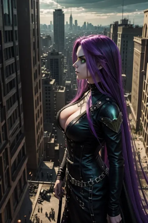 Apocalyptic cinematic shot of Rapunzel Rockstar, a goth with very long hair and big green eyes but with very huge breasts, an avenging superhero watching the devastated city from the top of a building