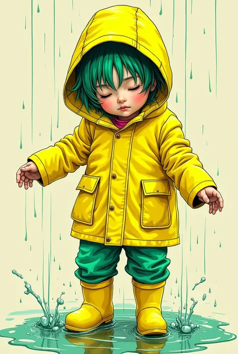 ((best quality)), ((masterpiece)), (detailed), perfect face of cyberpunk mecha japanese child wearing a rain boots , neon  yellow raincoat , neon green body, neon green hair, ((monochromatic neon pink, yellow, and green color palette)), surreal, art nouvea...