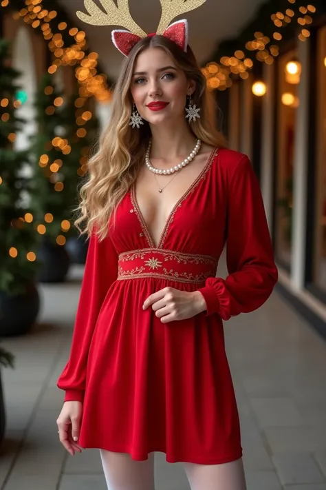 
 Imagine a woman who celebrates her birthday in December ,  wearing a festive outfit full of Christmas joy .  She wears a bright red dress with gold details that capture the essence of the season.  The dress has an elegant and comfortable cut , with long ...