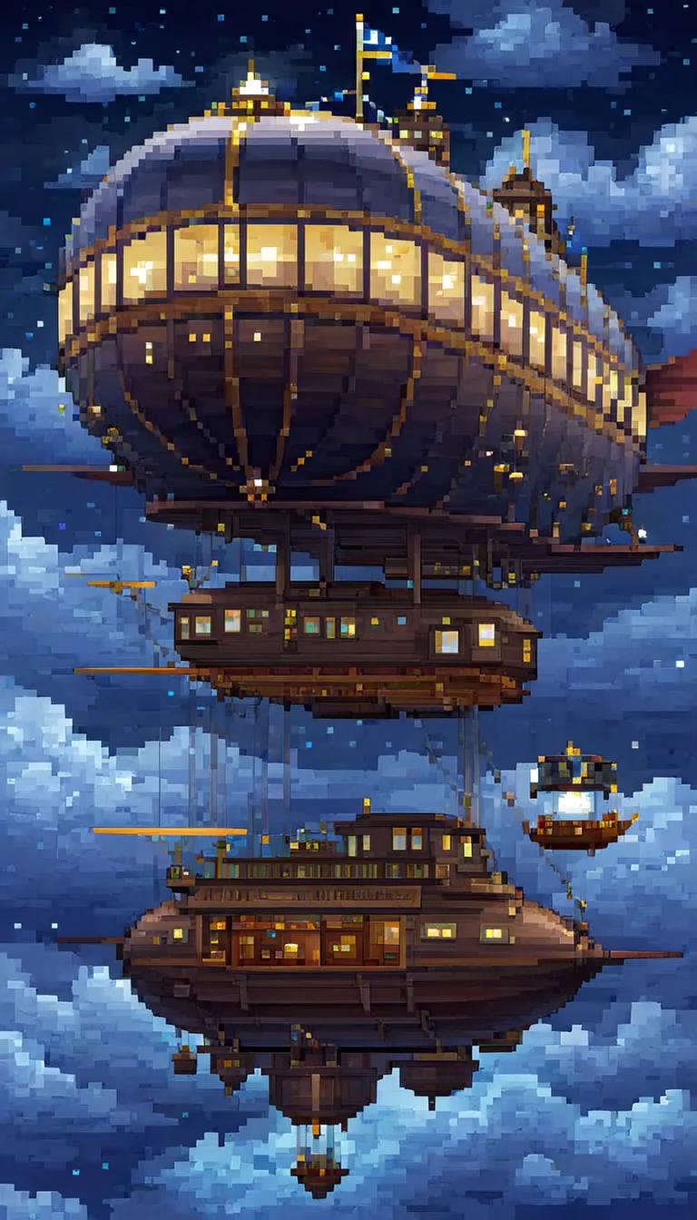 pixel art, ((1 a airship fantasy)), night, clouds, stars, (sky), top down view