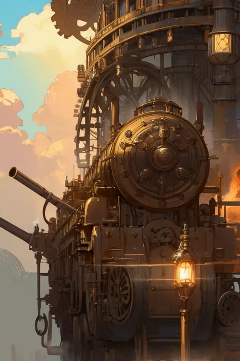 a time traveling train, highly detailed, cinematic perspective, dramatic lighting, steam punk, gears, copper pipes, glowing power sources, science fiction, efecto de velocidad como si pasara un agujero de gusano con muchos colores particulas lumínica, digi...