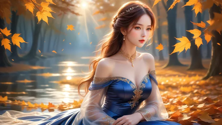 A Masterwork In 32K Resolution, Unmatched Quality, Ultra-Fine Details, Official Art, Supreme 32K Wallpaper, Gorgeous And Ethereal, Highly Detailed Features, Spellbinding Detail, Dutch Angle, Hyper-Realistic, Autumn Landscape. One Girl, Solitary, Auburn And...