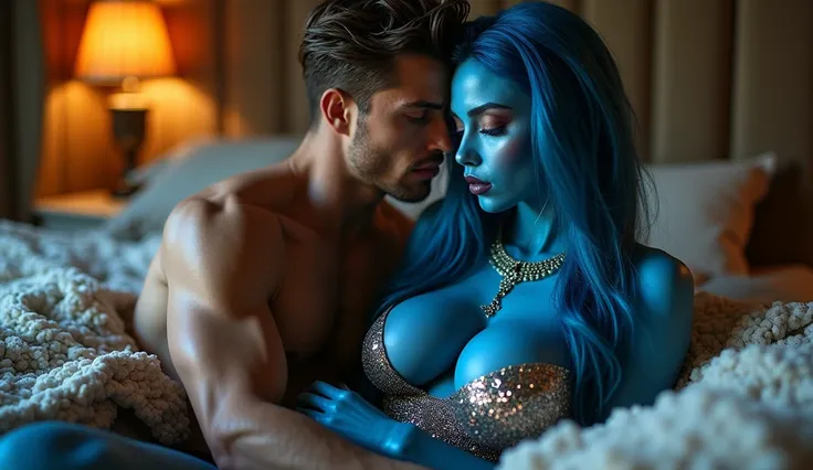 a sexy alien girl with blue body  and a blue hairs , having sexy and heavy figure and a pretty face , wearing a shiny sexy dress which show her boobs andlaying on a bed in a sexy pose with a human sexy shirtless guy with sic packs 