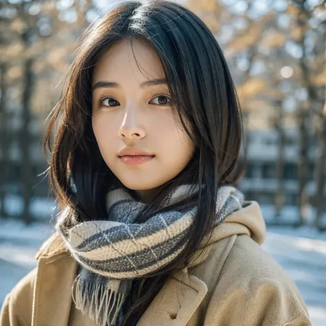 A hyper-realistic image of a single Japanese woman in her early 20s, captured with the strong nostalgic warmth and pronounced graininess of a film camera. She is dressed in winter attire, with a textured coat and scarf that convey a sense of warmth, while ...