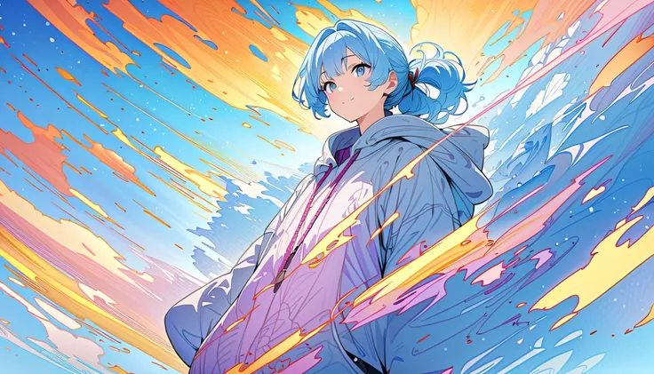 (masterpiece, Highest quality, Official Art:1.2), Looking at the audience, One Girl, alone, (light blue hair, ponytail) and (light blue eyes), wearing a hoodie, Sky Background, spreading clouds, Ultra-fine illustrations, highly detailed, Dynamic Angle, bea...