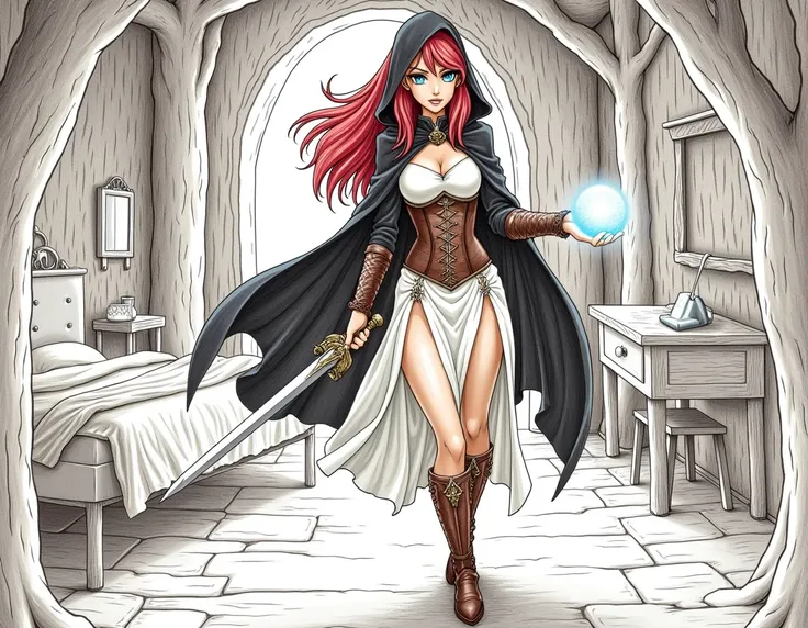  Make a pencil-style manga illustration of an elf woman with long, blood-red hair, blue eyes,  wearing long dress with slits on both sides, brown corset, high boots ,  knights sword holding with both hands Entering a dungeon,  holding a small glowing ball ...