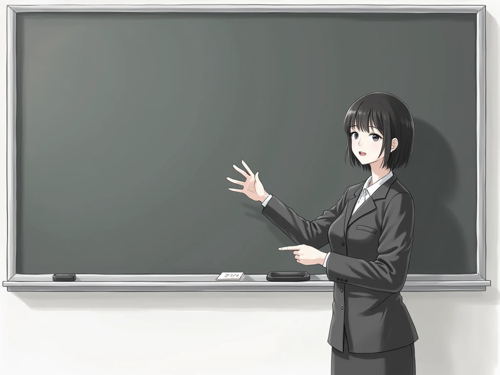 A female teacher is standing in front of the blackboard and talking . Standing at the right end of the board and presenting. The female teacher is an adult woman and has big breasts .  There is nothing in the picture other than the teacher and the blackboa...