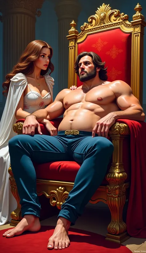  Book cover with a king sitting on the throne medium hair short beard,  showing a huge dick inside his pants,  a huge and erect penis he is holding , with a naughty face..  The princess on the side with the brown hair sees and turns red looking curious. Wr...