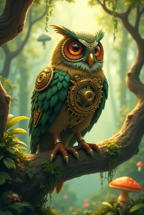  rusty olive green owl, Steampunk style, with the name Milo ,  Kokiri forest background 