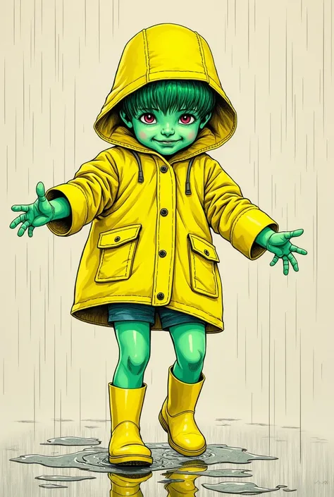 ((best quality)), ((masterpiece)), (detailed), perfect face of cyberpunk mecha child wearing a rain boots , neon  yellow raincoat , neon green body, neon green hair, ((monochromatic neon pink, yellow, and green color palette)), surreal, art nouveau, in the...