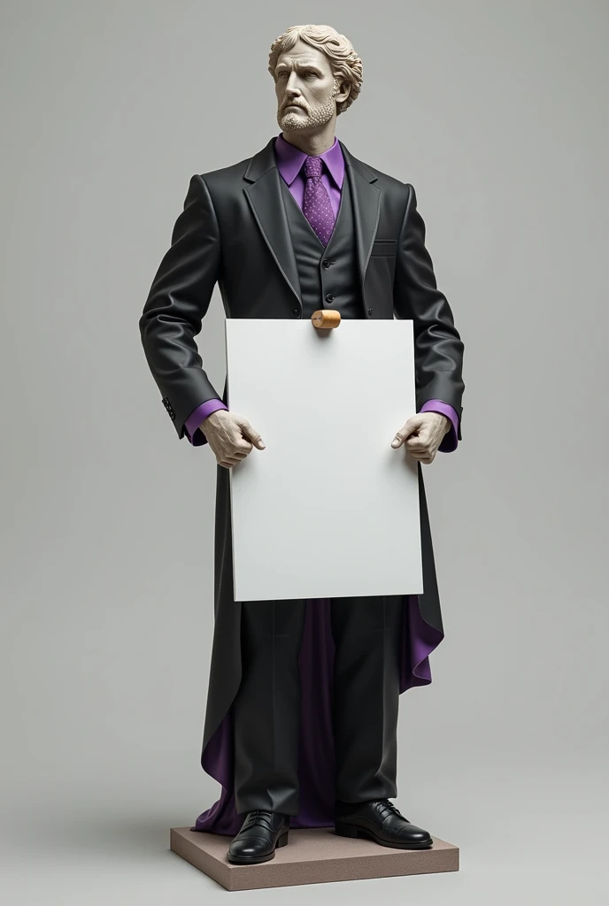 GREEK STATUE DRESSED IN A BLACK SUIT WITH PURPLE DETAILS HOLDING A LARGE WHITE PLAQUE ATTACHED TO A WOODEN HANDLE