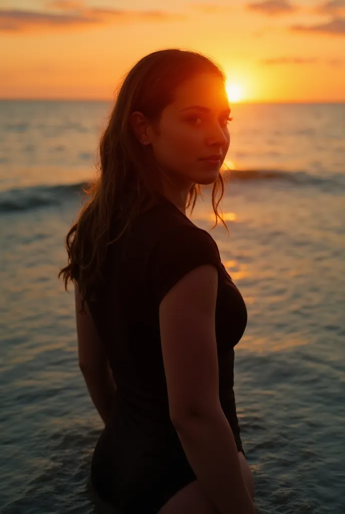 a very closeup torso half body miami sunset portrait a 23 year old  young woman standing halfway inside the ocaen water wearing ...