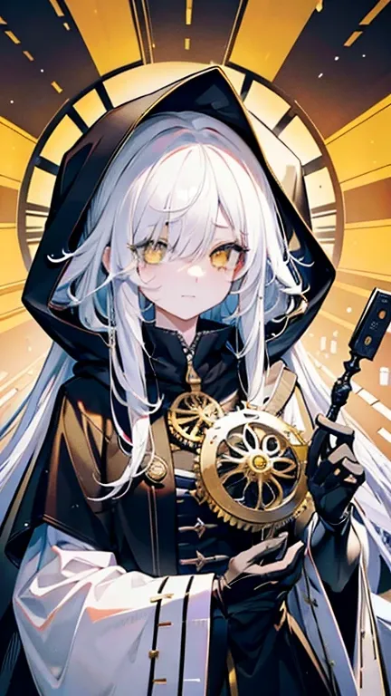 biologically correct, many gear are there, machine girel, white hair, ahoge, long hair, shiny hair, hair over one eye, hood up, mole under eye, raised eyebrows, mismatched pupils, yellow eyes, longeyelashes, sad, forced smile, anime,  UHD, retina, masterpi...