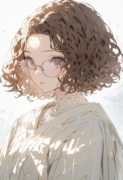 Alone, 1 girl, brown hair,brown Eyes,Perm Bob Hair, Long Sleeve, Glasses