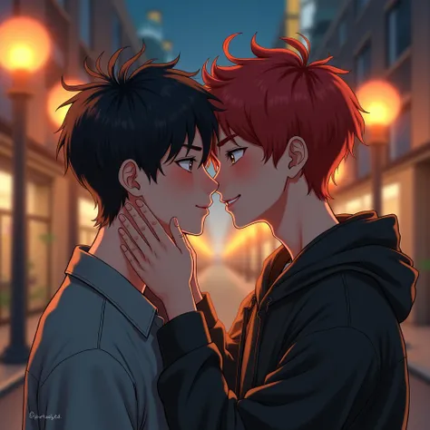  The image shows two Korean boys in a nighttime environment ,  with backlights coming from buildings .  The first boy has black hair with blond highlights ,  and is leaning in to kiss the second boys face ,  who has red hair .  The boy with red hair is tou...