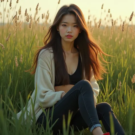  Beautiful Asian European woman 25 years old long haired straight brown blown away in the wind wearing Korean cropped cardigan wearing long black jeans tight style shoes red sneaker,sitting on the grass of tall green grass 