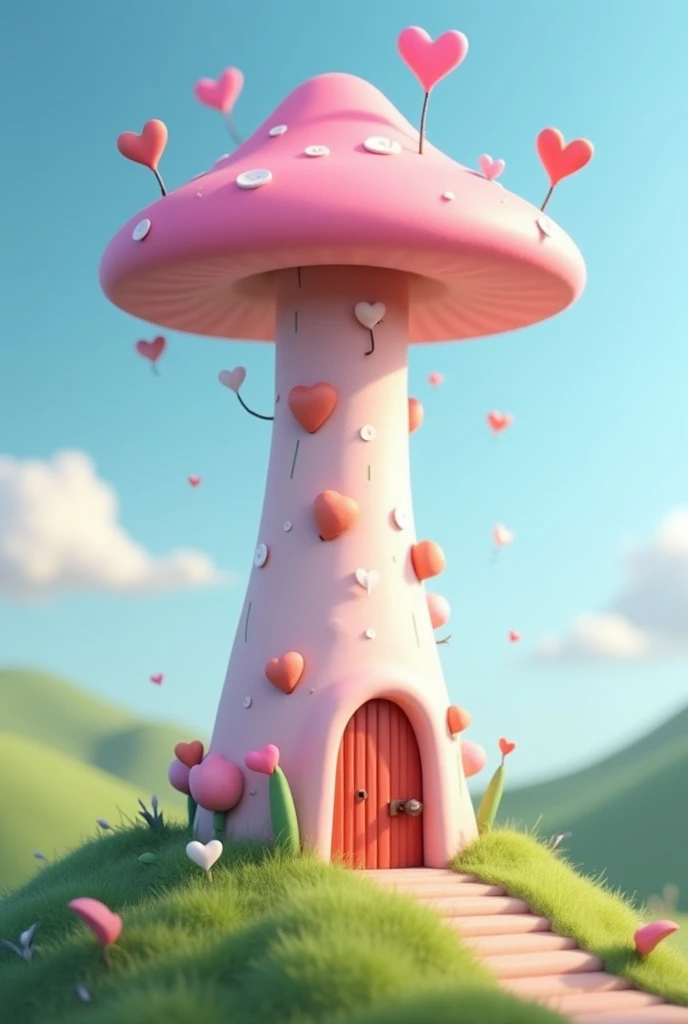 A tower house in the shape of a pink mushroom with hearts on top