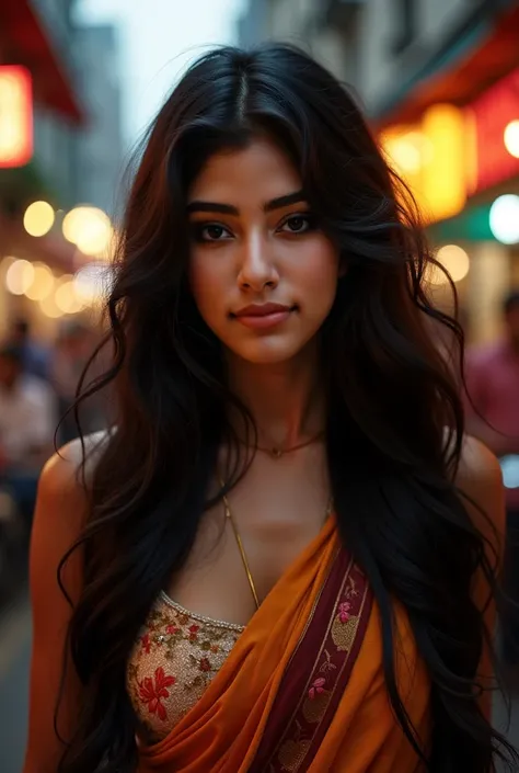 A stunning young Indian woman from Mumbai, in her mid-20s, with long, glossy black hair that flows down her back. Her warm, golden-brown skin glows under the city lights. She is dressed in a fusion of modern and traditional fashion—a sleek saree with a tre...