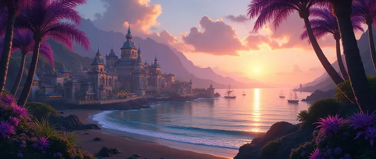 A black sandy coastline at sundown, fantasy port city built on the water, tropical region with purple trees