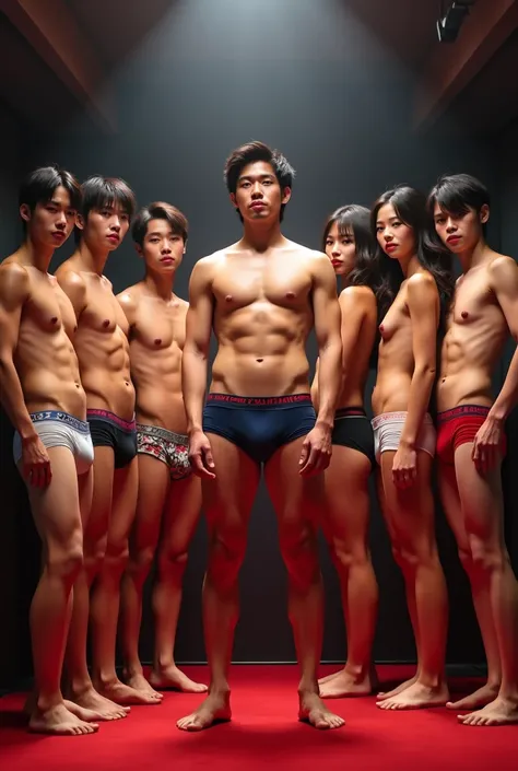 A man stands among seven Japanese handsome AV stars, several faces, standing smiling on stage, a pretty face with a distinctive peck in different colored underwear with different poses. 