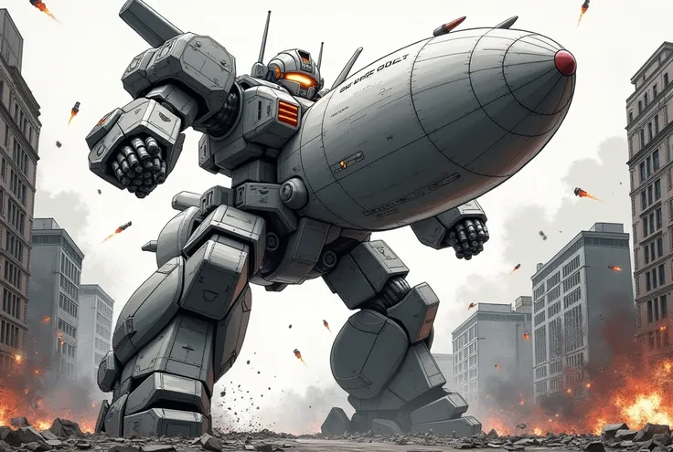 In the style of official Japanese manga art, a giant robot, transformed from an airship, is landing in a city scene. The robot descends from the sky, its massive legs crushing the low buildings beneath it as it lands among a row of tall skyscrapers. The ro...