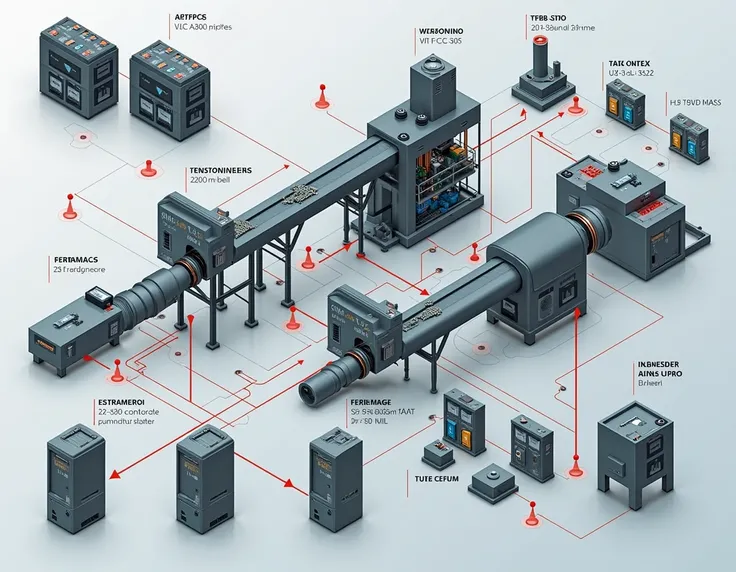  I want you to design an ALL IN 2D automation system ,MENTIONED EACH EQUIPMENT WITH ITS NAME IN SPANISH ,  automation system for a mineral processing plant that integrates the following equipment and devices:  a Siemens S7-1200 PLC as the main controller ,...