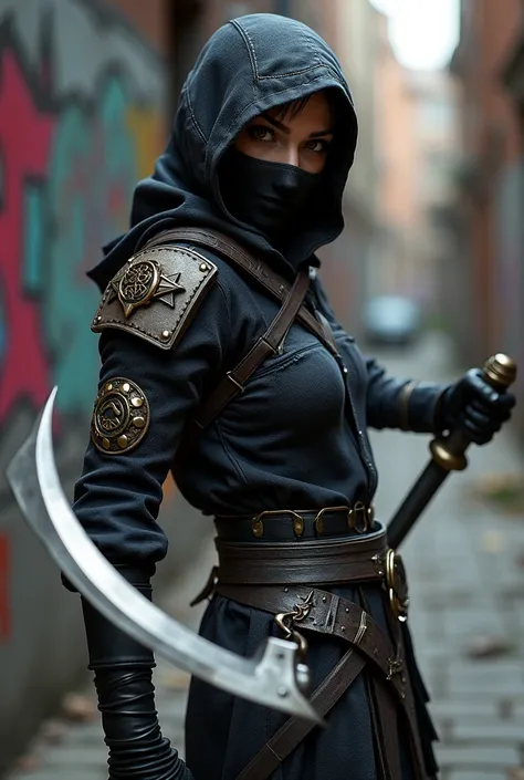 Create a female ninja holding a sickle, 3D emblem, with grafity style. 