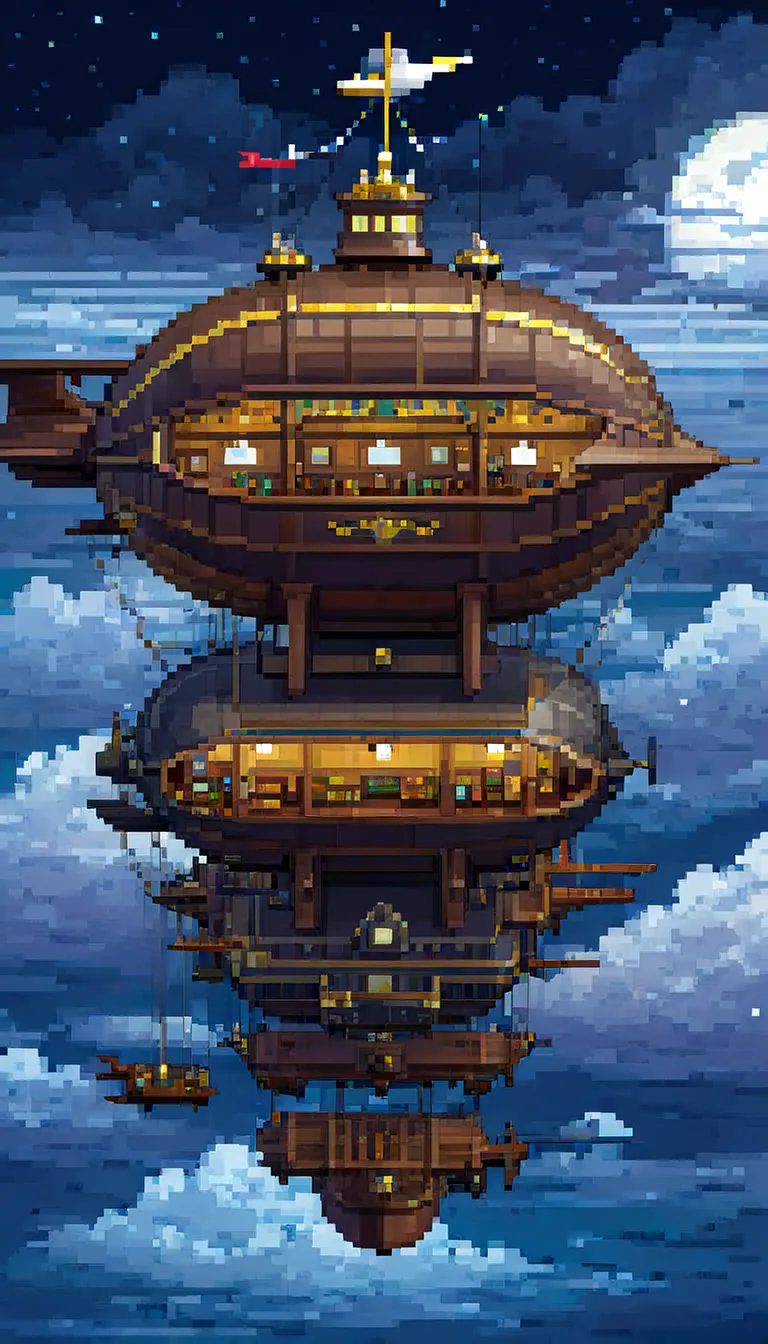 pixel art, ((1 a airship fantasy)), night, clouds, stars, (sky), top down view