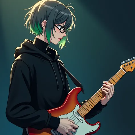 ((  best quality )), ((masterpiece)), (Familiar with), ( playing guitar on live stage) short hair、 perfect face,Dark gray half up hair , green mesh blonde、 cool black hoodie ,  turtleneck ,Alone, icon、 profile、on the right、 cool slightly profile with no ex...