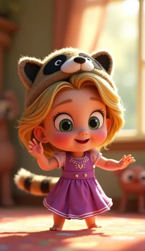 Disney Pixar style character Rapunzel baby with short hair and a raccoon hat who stands up to give her movement dancing