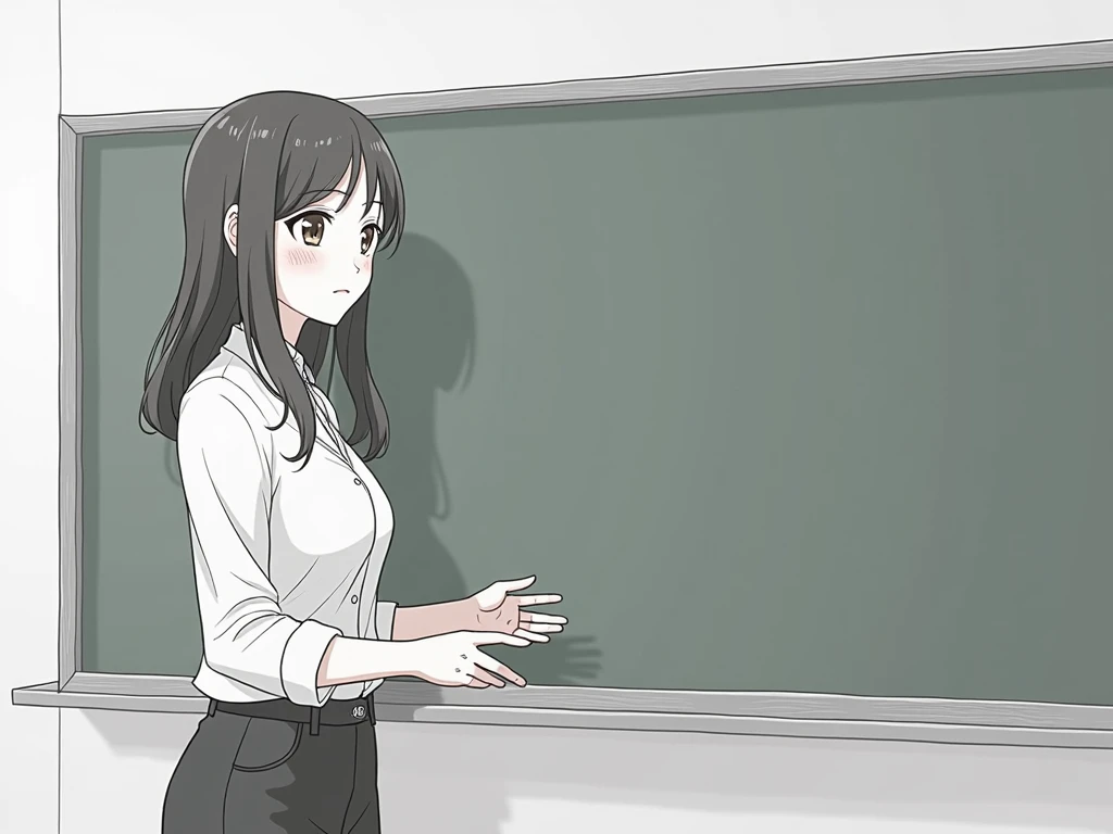 A female teacher is standing in front of the blackboard and talking . Standing at the right end of the board and presenting. The female teacher is an adult woman and has big breasts .  There is nothing in the picture other than the teacher and the blackboa...