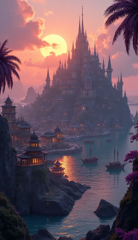 A black sandy coastline at sundown, fantasy port city built on the water, tropical region with purple trees