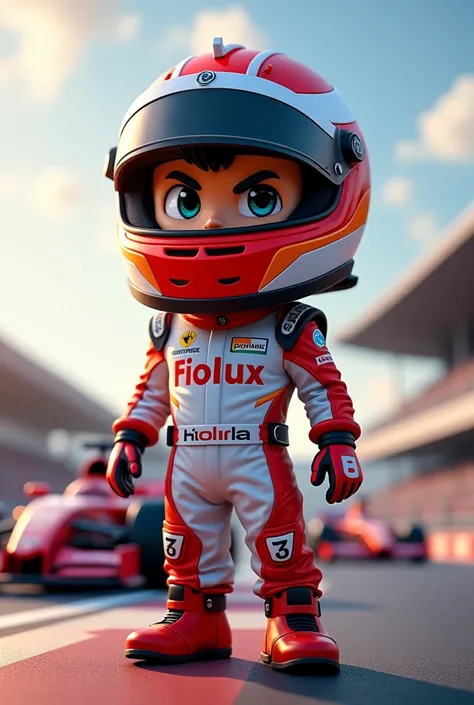 Create a Formula 1 racer mascot wearing a racing uniform with the name Fiolux 

