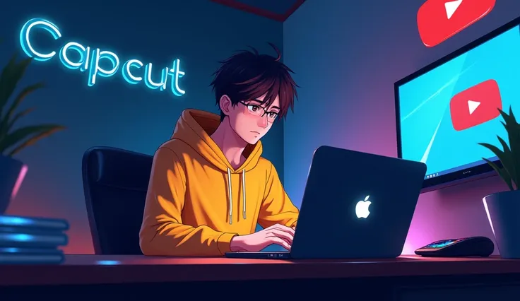 

"A digital illustration of a anime man wearing a yellow hoodie sitting at a desk with a laptop featuring an Apple logo. The scene is set in a dimly lit modern room, illuminated by a glowing computer screen. To the left, there is the CapCut logo, and to t...