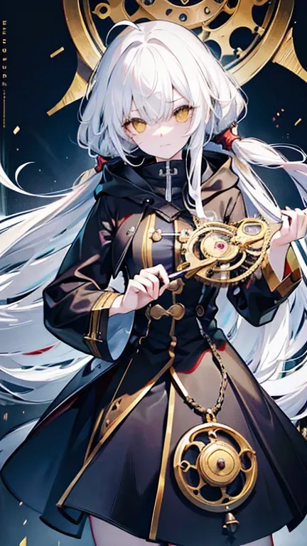 biologically correct, many gear are there, machine girel, white hair, ahoge, long hair, shiny hair, hair over one eye, hood up, mole under eye, raised eyebrows, mismatched pupils, yellow eyes, longeyelashes, sad, forced smile, anime,  UHD, retina, masterpi...