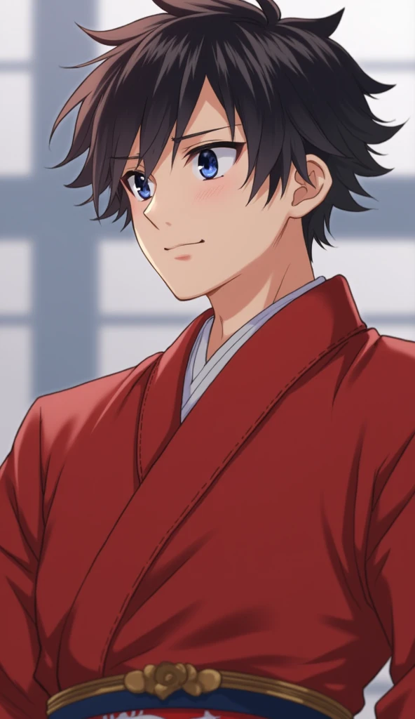 1boy,  looking at the spectator,  high resolution, dark blue eyes, dark brown hair,  Anime style,  , anime style, , strong body, red traditional japanese clothing, Alta resolução, Detalhes altos, Cabelo estilo quiff