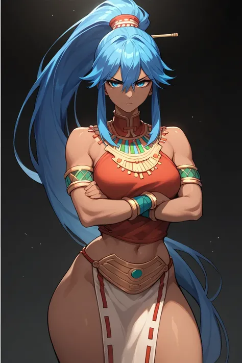 Woman, dark skin, blue hair, High pony hair, Long ponytail,blue eyes,Primitive clothing, Animal fur on the body, curvy body,Anime style,serious face,bangs,arms crossed, inca style
