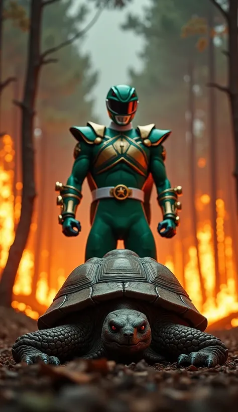 A dramatic scene with trees on fire, the flames illuminating the environment and creating intense orange reflections. The sky is cloudy, dark, but with good visibility, giving it an epic atmosphere. In the center, the green Power Ranger in his classic armo...