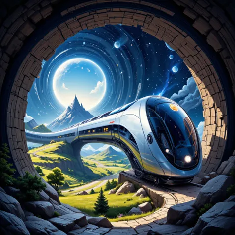 fantasy illustration art, ultra-modern train running through galaxy space, tunnel entrance that resembles black hole, gentle rural landscape after exiting the tunnel, seamlessly transitioning from space to rural scenery, train from another dimension, BREAK...