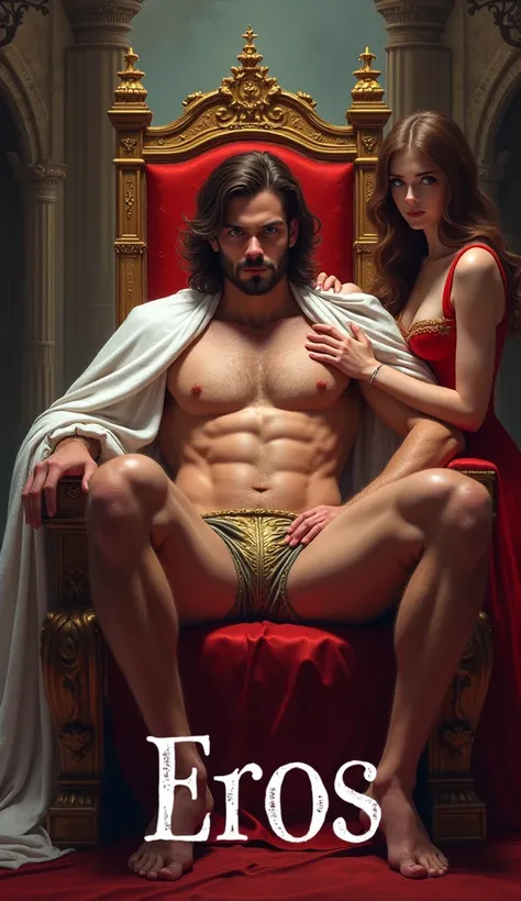  Book cover with a king sitting on the throne medium hair short beard, showing her huge private parts ...  The brown-haired princess on the side sees and turns red looking curiously. Write "Eros" At the end of the cover of the book . His private parts in e...