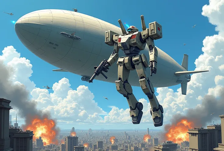 In the style of official Japanese manga art, a giant robot, transformed from an airship, is flying through the sky. The robot has retracted its legs and is now floating in mid-air, flying at a low altitude. The city below is visible in the distance as it m...