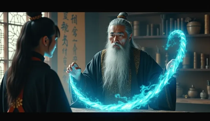 Master Tich, an Asian elder with a long beard and serene expression, dressed in flowing dark robes with golden accents, places his hand on a mystical glowing rope. The rope emits a soft blue light, illuminating his face with an ethereal glow. Hoang stands ...