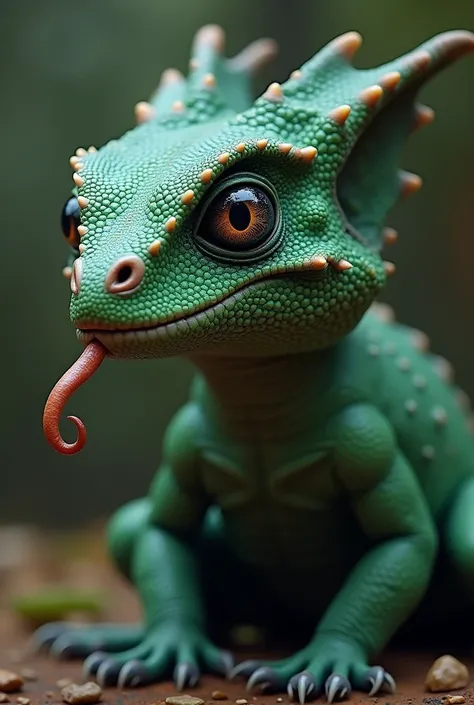 A dragon with a geckos head and chameleon like eyes, long chameleon tongue, black and green