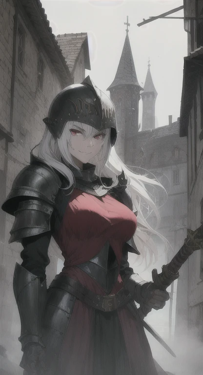 Layla, white hair, red eyes, pale skin, helmet, knight, smirking at viewer, glaring, heavy armor, foggy medieval town,