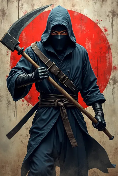 Create a logo ninja holding a sickle, 3D emblem, with grafity style. 