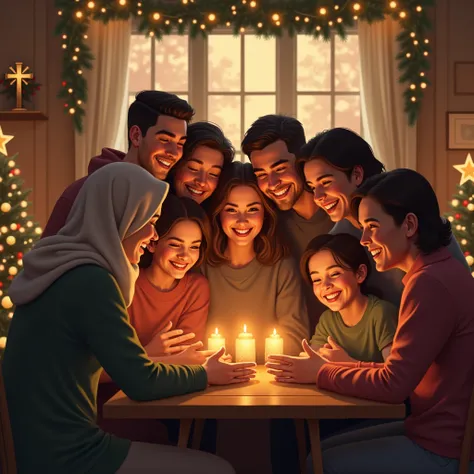 Cheerful friends men and women reunited celebrating Christmas with God